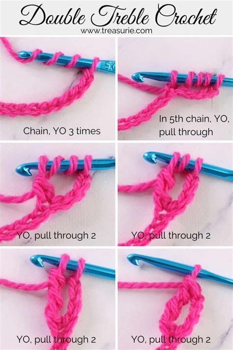 1. First, create a chain (abbreviated as CH) of the length that you wish or is needed for a specific crochet pattern. Now wrap your hook around your yarn three times as shown below. 2. Skip the first 4 chains (sometimes you might need to skip 5 chains for double crochets if the chains are counted as a stitch).
